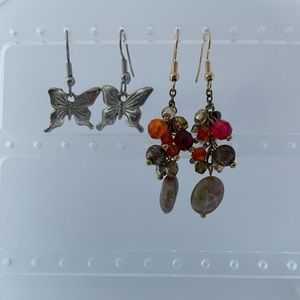 2 pairs- Handmade Fall color beads cluster dangling, silver tone butterfly